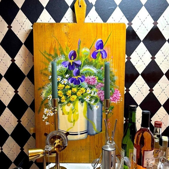 Vintage Hand-Painted Large Wooden BoardDecorative Floral Kitchen or Bar Art